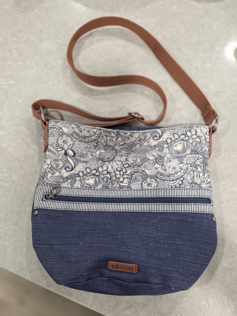 Sakroots Blue Floral Crossbody with Tan Adjustable Strap